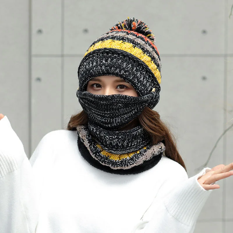 2023 Hat winter women's Mask balaclava Hat for girls Scarf Thick Warm Fleece Inside Knitted Hat Scarf Set 3pcs Winter Hats 5