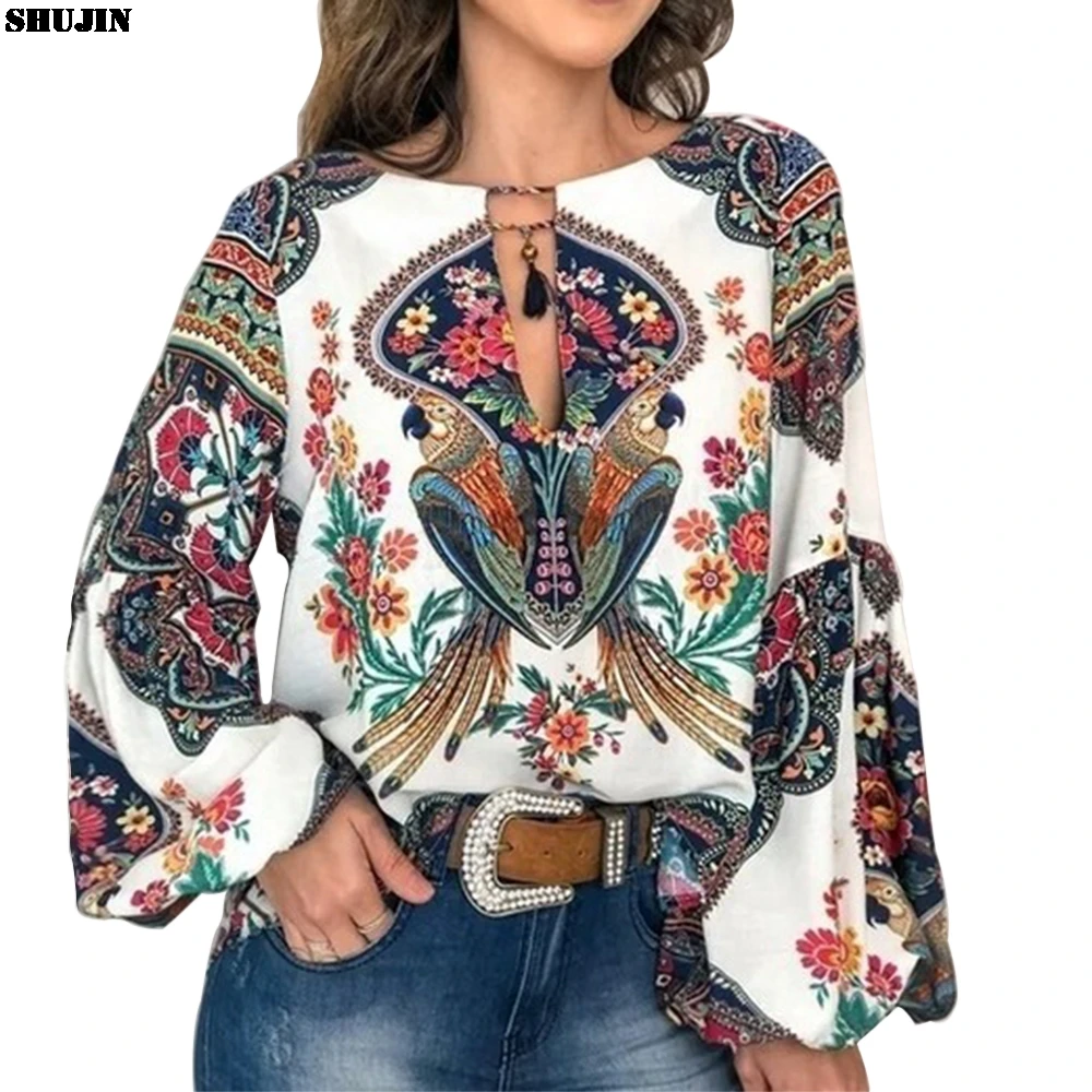 

SHUJIN Vintage Print Shirt Women Lantern Sleeve Casual Long-Sleeved Ethnic Style Fashion Trend Tops Breathable Comfortable New
