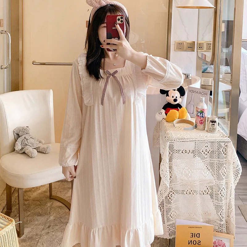 

2021 Spring and Autumn New Nightdress Women's Cotton Long Sleeve Fashion Lovely Princess Romantic Home Wear Sleepwear Women
