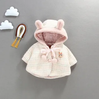 

Winter Warm Baby Girls Rabbit Ear Hooded Plaid Thick Fleece Jackets Kids Cardigans Princess Party Outerwear Infant Coats casaco