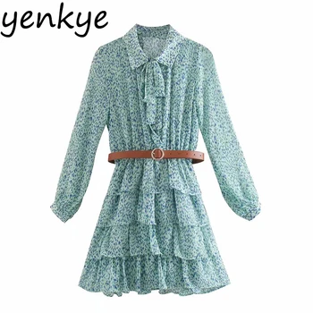

Elegant Women Sexy Semi-Sheer Print With Belt Dress Lady Bow Tie Lapel Collar Long Sleeve Layered Ruffle A-line Dress Summer