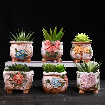 

Coarse Pottery Retro Colorful Painted Flower Pot with Foot Stand Succulent Plant Flowerpot Bonsai Planter Vase Desktop Ornaments