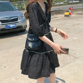 

2020 Women Summer Casual V Neck Loose Polka Dot Mini Chiffon Dress Lace Patchwork Cascading Ruffle Short Sundress