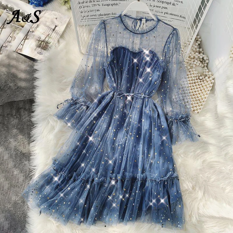 Весенне-осеннее новое женское сексуальное платье Vestidos блестящее Сетчатое феи