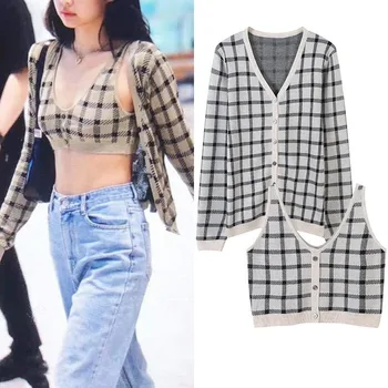 

2020 New Spring Women Sweater Two Piece Set Long Sleeve Cardigans Single Breasted Plaid Sleeveless Sexy Vest Knitted Crop Top
