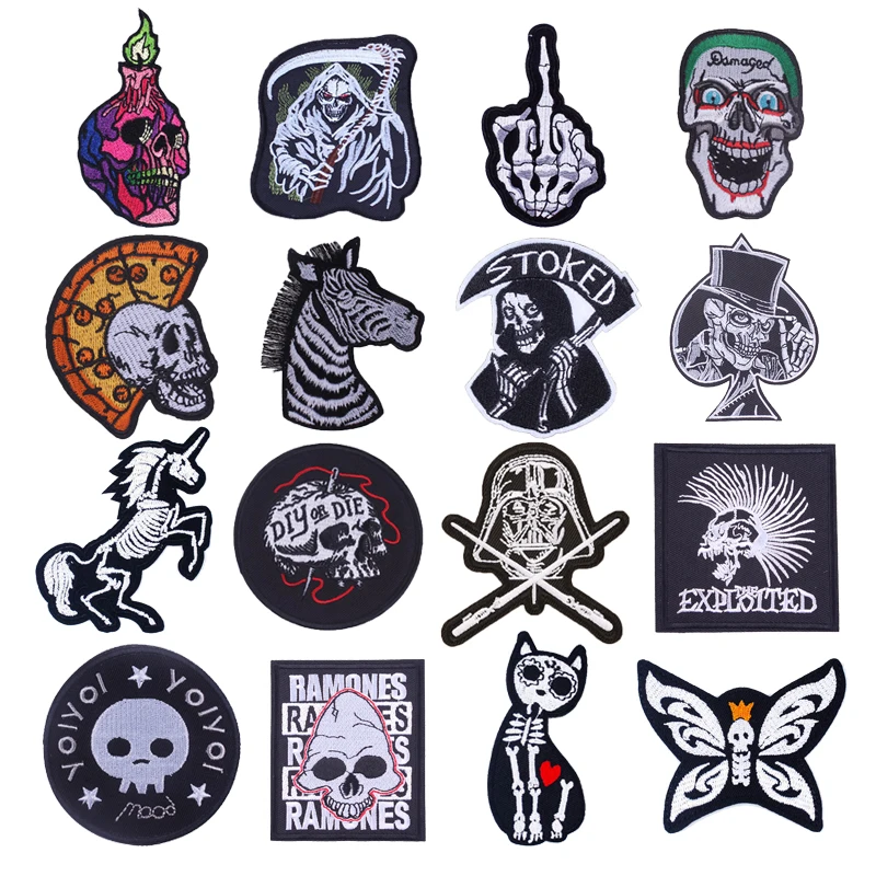 

Punk Skull Iron On Patches On Clothes Stripes Sticker Fabric Rock DIY Badge Quality Decoration Embroidered Patches For Clothing