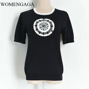 

2020 Thin Summer T Shirt Harajuku Women O-neck Knitted Runway Short Sleeve Tees White Beading 3D Clock Shirt Femme Casual N031