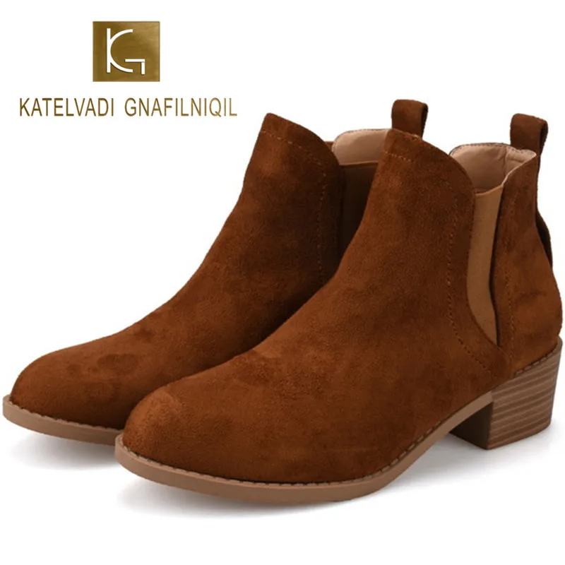 Зимние теплые флоковые ботинки KATELVADI с коротким плюшем внутри коричневые женские