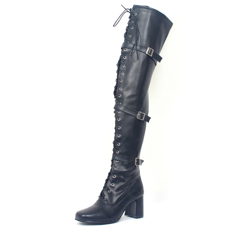 jialuowei Women Boots Retro Block High Heel Ladies Over-The-Knee Square Toe Lace-up Zip Buckle strap Woman Dance Party Shoes