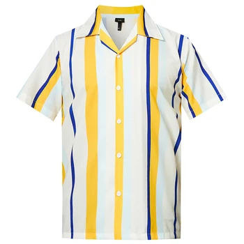 

Color Block Stripes Print Casual Shirt Yellow Blue 3D Hawaiian Shirt Summer New Fashion Printed Casual Short Sleeve Men Shirt