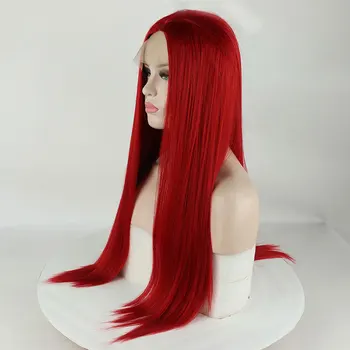 

Bombshell Fire Red Synthetic Hair Lace Front Wig Glueless Long Straight Heat Resistant Fiber Middle Partng For White Women Wigs