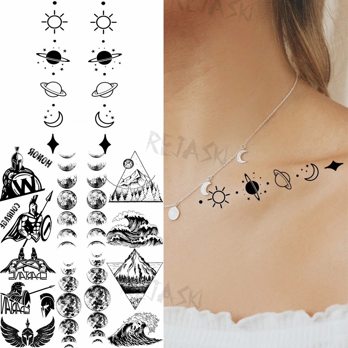 Petit Tatouage Femme Petits tatouages temporaires pour femmes, petite planète, lune, soleil,  étoiles, géométrie Spartan, montagne, mer, faux tatouage, décoration  artistique corporelle | AliExpress
