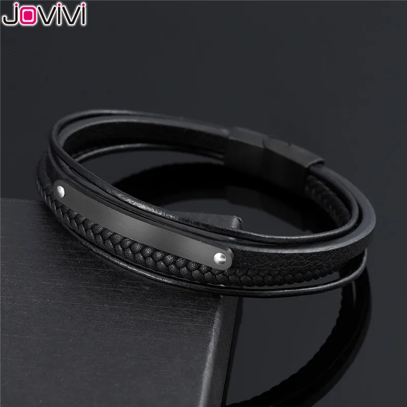 Jovivi Mens Stainless Steel Magnetic Buckle Clasp ID Tag Bracelet 4 Layer Genuine Leather Multi-Layer Wristband Cuff Wrap Bangle