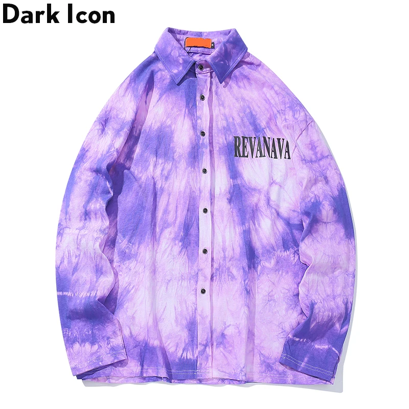 

Dark Icon Letters Print Tie Dyeing Shirt Men Loose Hip Hop Shirts Streetwear Shirts for Men 3 Colors