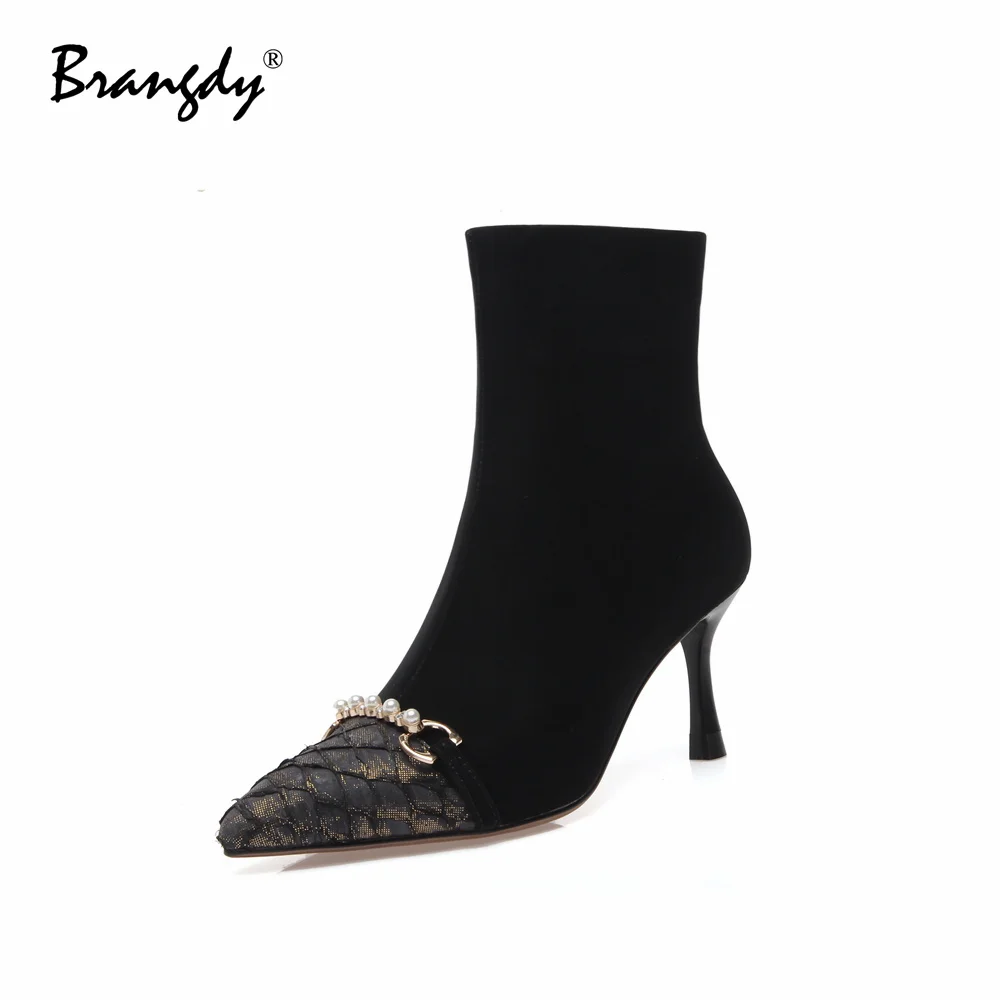

Brangdy 2022 Women Pumps Ankle Boots Genuine Leather Women High Heels Shoes Pointed Toe Splicing Women Thin Heels Shoes Zipper