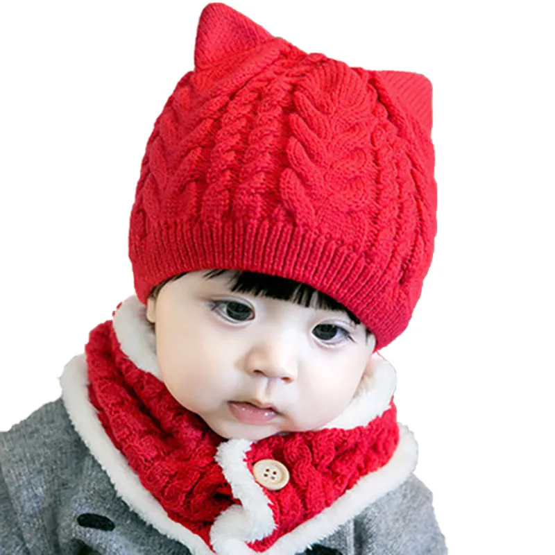 Детская шляпка, связанная крючком шапка с ушками, шарф для маленьких девочек, утепленная флисовая подкладка, теплая вязаная хлопковая шапка+ нагрудник, комплект из 2 предметов для детей 1-4 лет - Цвет: Red