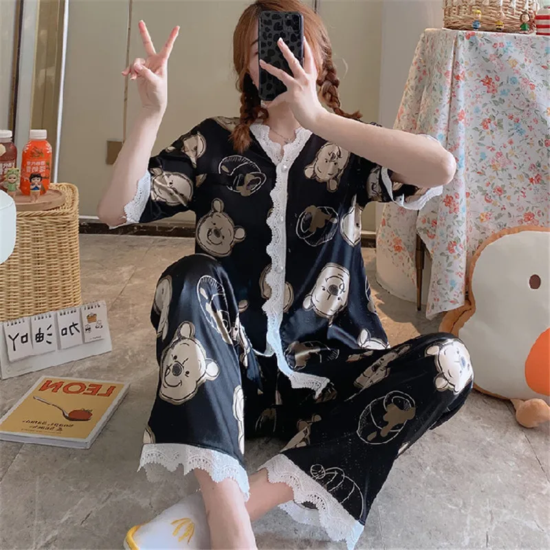 

Minnie cartoon spring and summer short-sleeved trousers pajamas female similar side cardigan comfortable home service suit