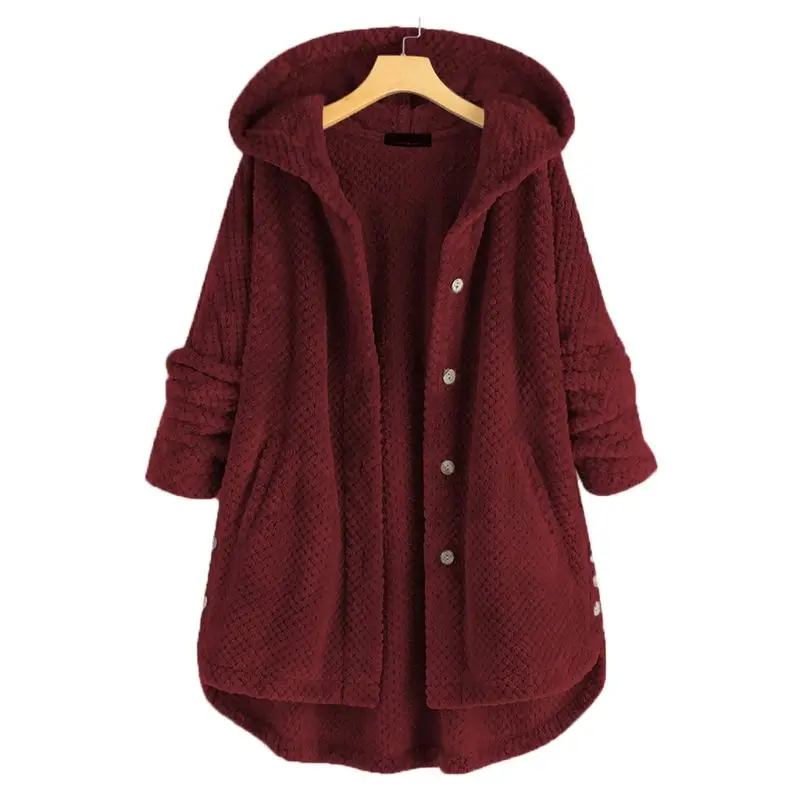 Women Winter Warm Coats Solid Color Hooded Plus Size Fleece Irregular Long Sleeve Button Down Pocket Hooded Overcoat Outwear