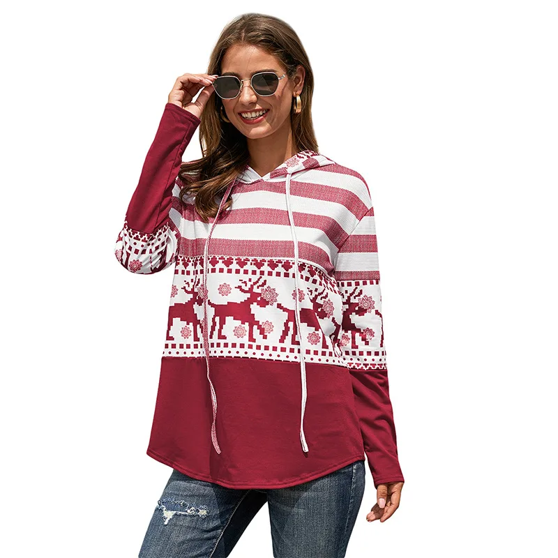 

Hoodie Women Pullover Sweatshirts Female Print Patchwork Fleece Hooded Striped Jacket Autumn Coat Warm Hoody