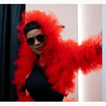 

Vogue Cape With Sleeve Photo shot Tiered Multi Layers Tulle Short Jackets Women Cape Puffy Lush robe Women Jackets Red