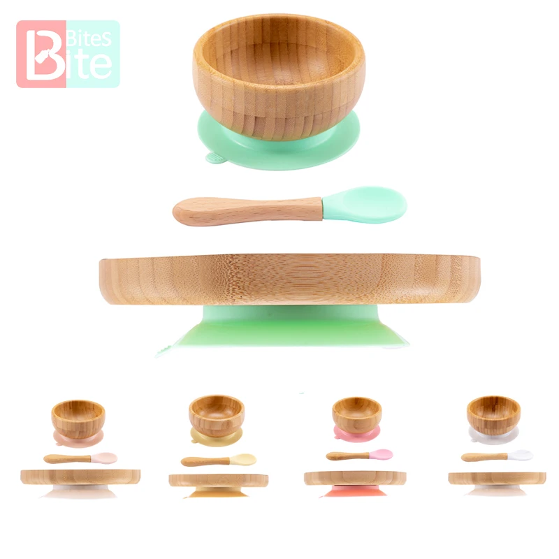 

3PCS Baby Feeding Bowl Baby Dinner Plate Bamboo Kids Feeding Dinnerware With Silicone Suction Cup Bamboo Spoon Children's Dishes