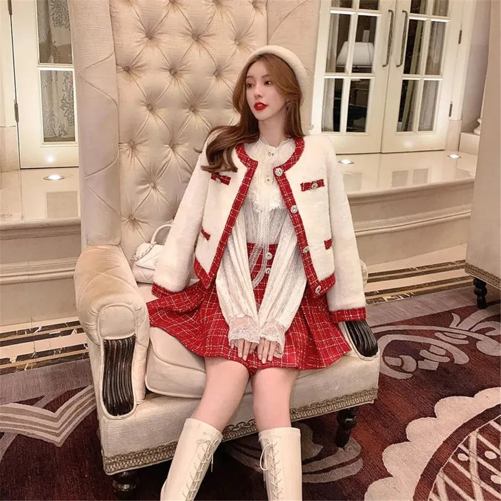 Christmas Red Woolen Elegant Coat Women Winter Warm Plaid