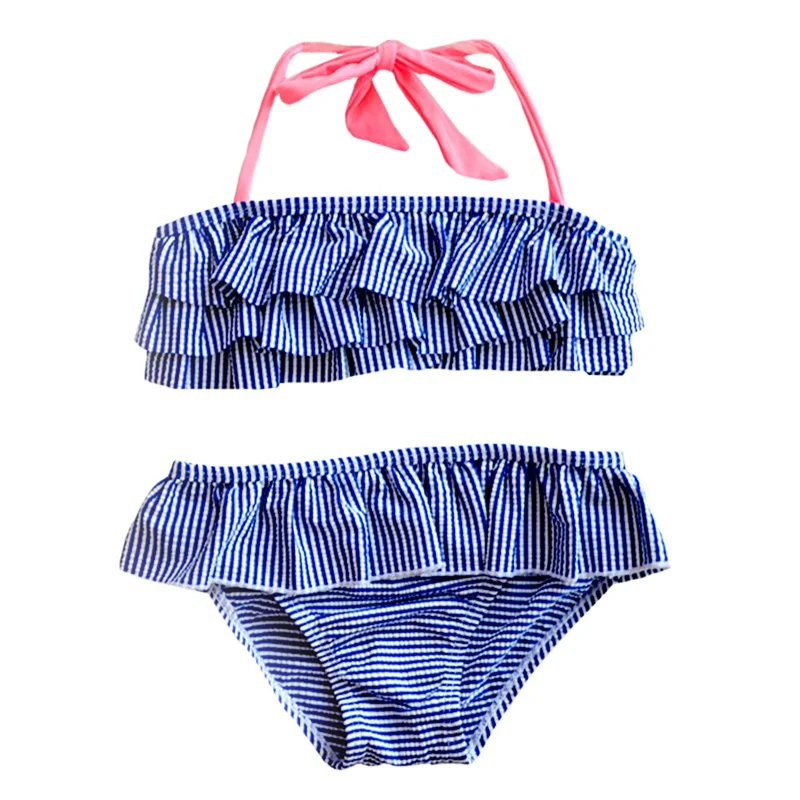 Girls Striped Split bathing Bikini Lace Halter Tops Tiered Skirt Brief Bottoms Baby Girls Swimsuit