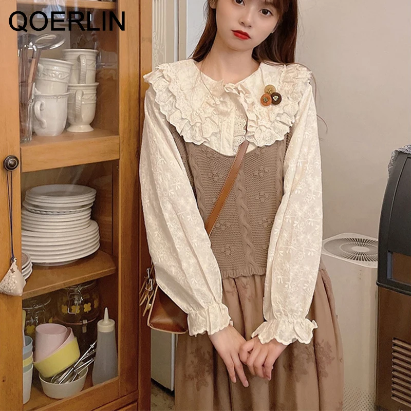 QOERLIN Retro Double Lace Shirts Female Korean Fashion Doll Collar Shirt Heavy Embroidery White Shirt Loose Casual Button Blouse