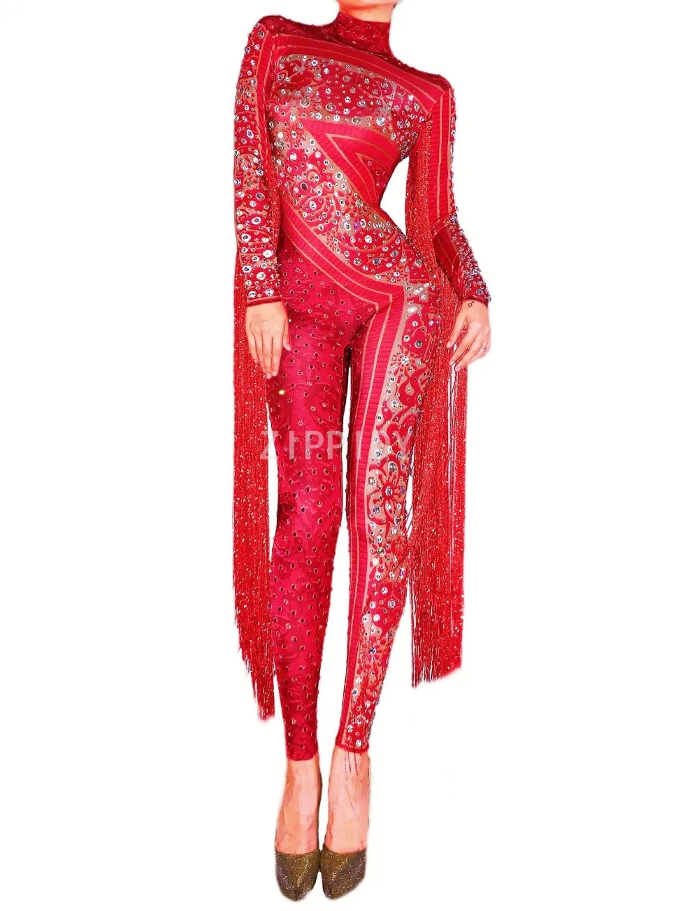 Shining Red Rhinestones Fringe Jumpsuit Birthday Celebrate Outfit Bar Dance Leggings Women Singer Dancer Outfit