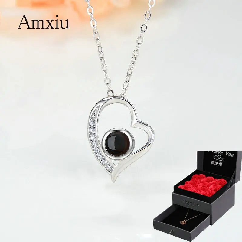 

Amxiu Handmade 925 Sterling Silver Necklace 100 languages I love you Projection Necklace Heart Zircon Pendant Necklace for Women