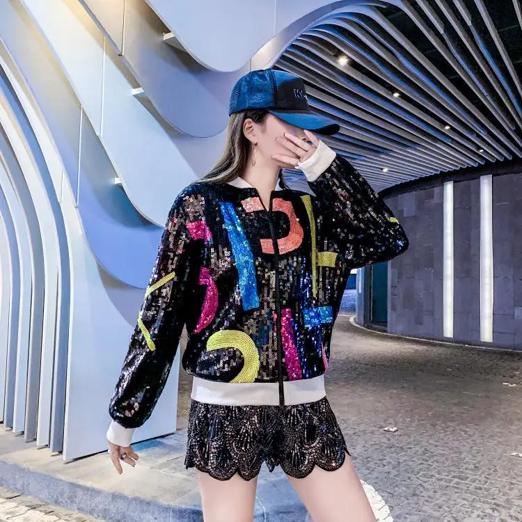 Blingbling Skiny блёстки куртка-бомбер для женщин Нерегулярные геометрические линии печати Базовые Куртки Повседневная Верхняя одежда тонкое короткое пальто - Цвет: Черный