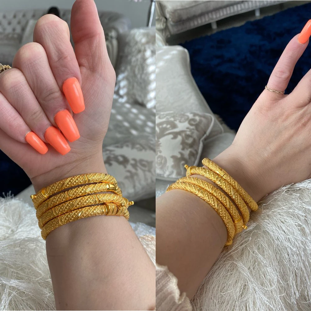Can open 4pcs/lot Dubai Gold Color Bangles For Women Men Gold Bracelets African European Ethiopia Girls Bride Bangles Gift