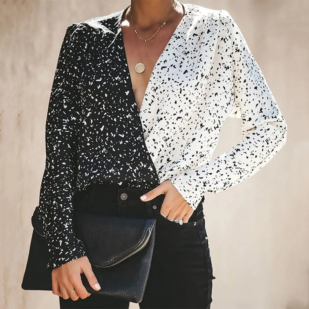 Модные женские туфли сексуальный глубокий v-образный вырез, Slim Fit Цветочный принт Цвет блочная рубашка Топ