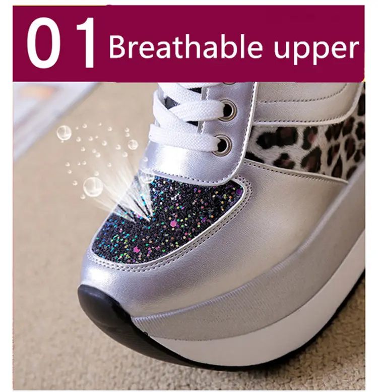 Sneakers Women Leather Height Increasing Bling Sequined Leopard Ladies Shoes Thick Bottom Black Casual Platform Sneakers Female