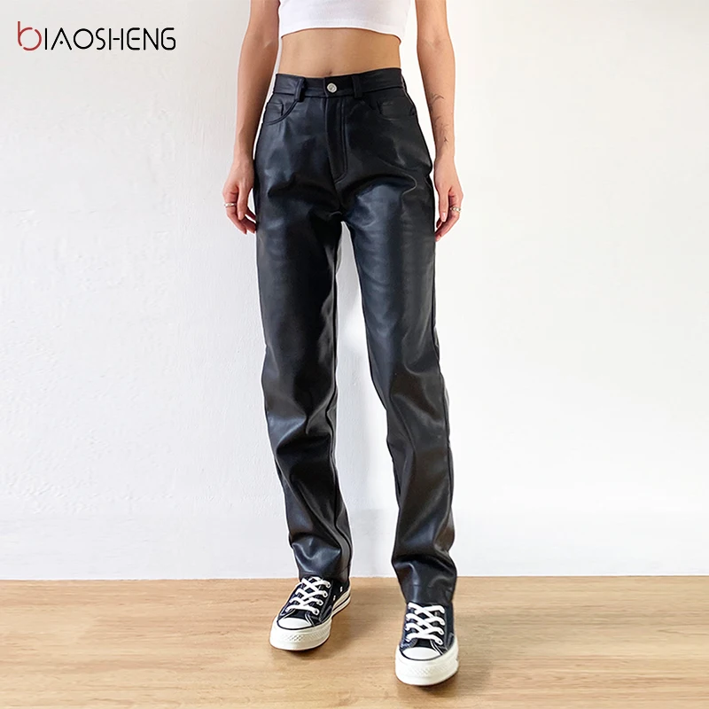 Cargo Pants Women Black Faux Leather Pants High Waist Pants Pockets