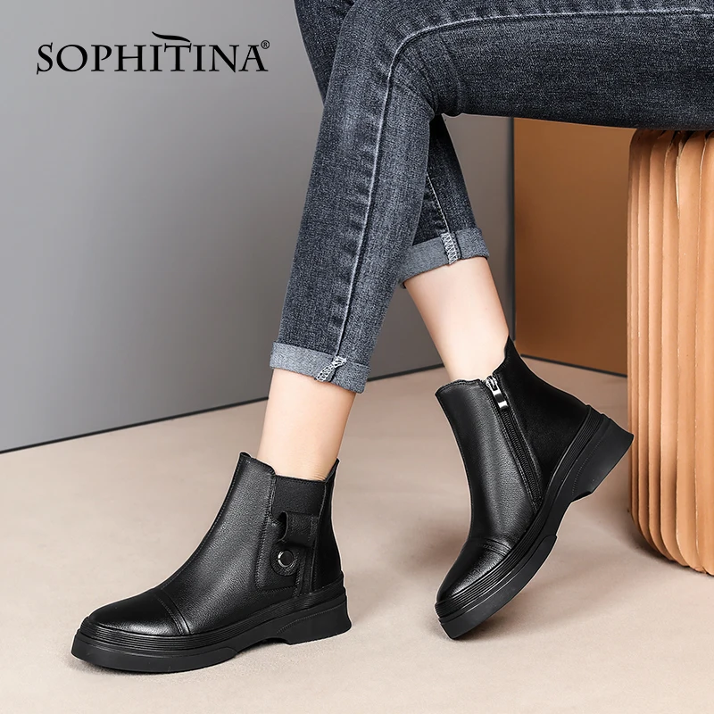 

SOPHITINA Women's Boots Leisure Concise Comfortable Genuine Leather Ladies Ankle Boots Round Toe Zipper Flat Shoes Women SO630