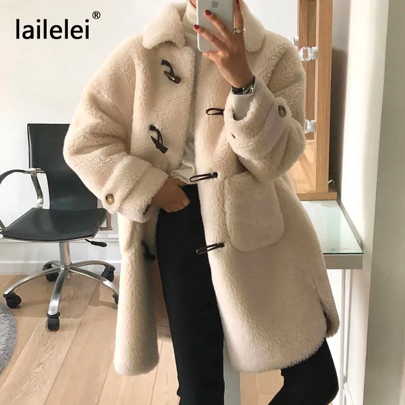 

Horn Button Fake Fur Jacket Mid-length Coat Long Sleeve Winter 2020 Autumn Oversized Korean Women's Warm Coat