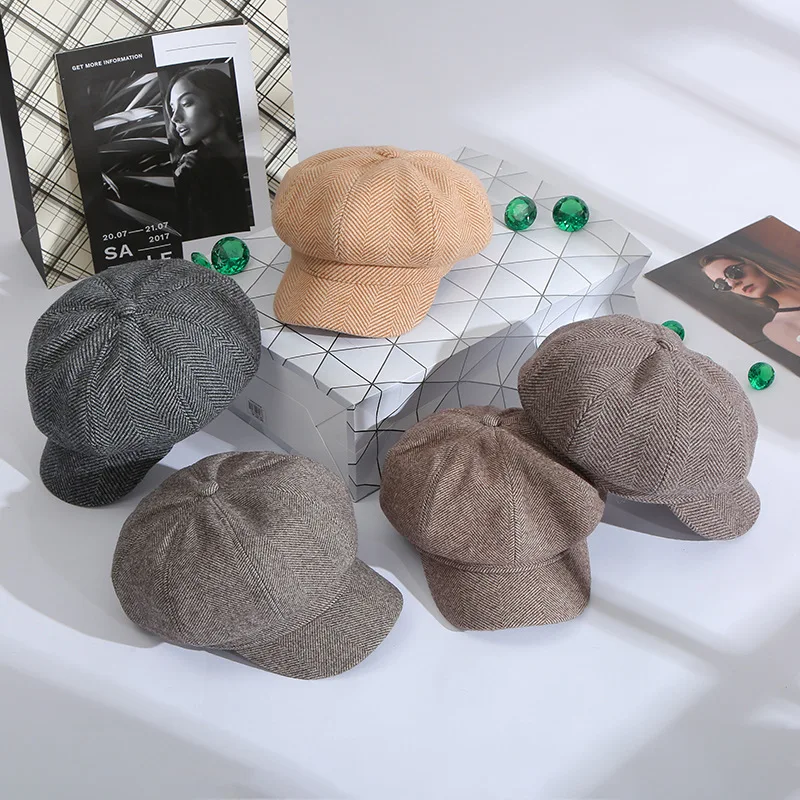 Lady Autumn Winter Octagonal Hat Painter style Women Vintage Fashion lattice Berets Female Newsboy Bonnet Warm Walking Cap D07 | Аксессуары