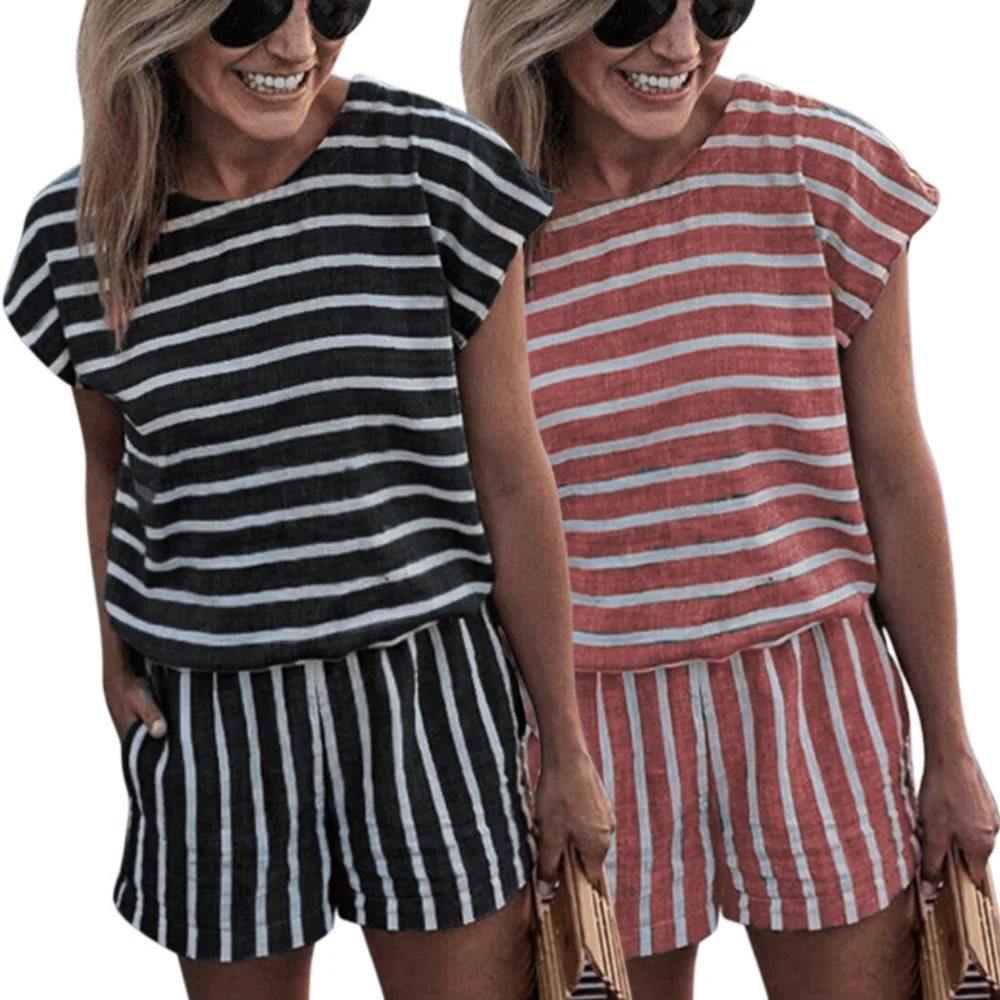 

Female Jumpsuit Playsuit Women Romper Jumpsuit Short Sleeve Striped Printed Ladies Bodysuit Romper Pocket Round Neck D30