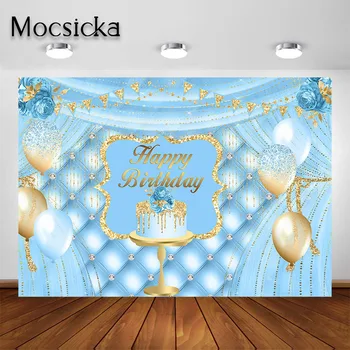 

Mocsicka Happy Birthday Party Banner Backdrop Gold Balloon Blue Headboard Boy Birthday Party Photography Background Photoshoot