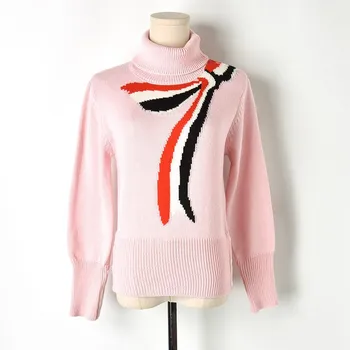 

Pink Turtleneck Sweaters Fashion 2018 Women Shoulder Jacquard Bow Contrast Color Hem Buttons Knit Sweater Long Sleeve O-neck Top
