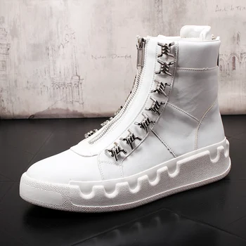 

Genuine Leather Ankle Boots for Mens Casual Shoes Zipper Round Toe Chelsea Boots Mens Sneakers Botas Hombre Blancas