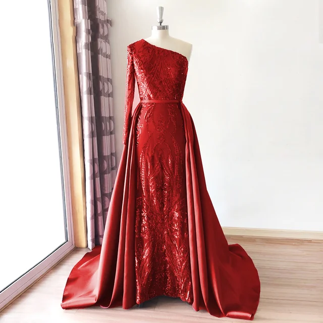 Elegant  Muslim Mermaid Evening Dress 2022 Long Sleeves Party Night with Detachable Train Sequined One Shoulder Prom Party Gown red evening dress