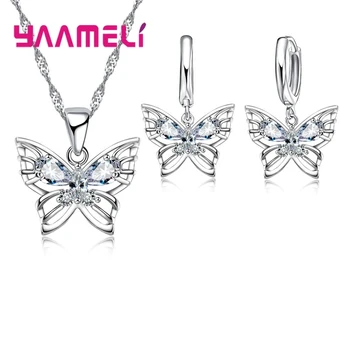 New Fashion 925 Sterling Silver Jewelry Sets Shining Clear Austrian Crystal Inlaid Butterfly Wedding Pendant Necklace Earrings