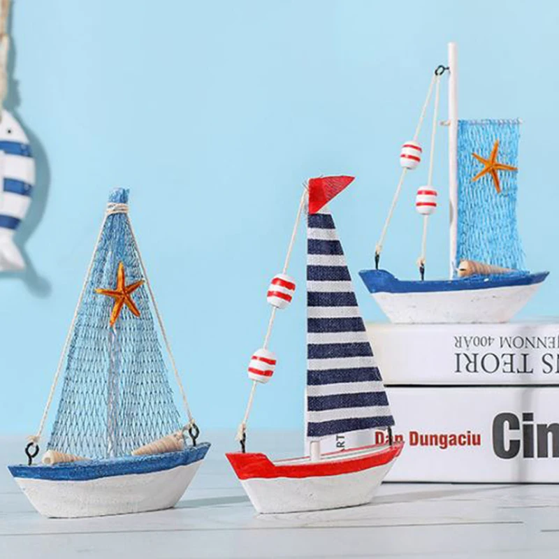 Ornament Boat Wooden Freestanding Fishing Sailing Boat with Star Fish Ornament 