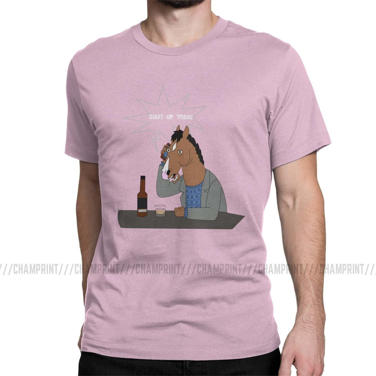 Винтажная Мужская футболка Bojack Horseman с круглым воротником, футболка из чистого хлопка с мультипликационным принтом Swag, сериал комиксов, футболки с коротким рукавом, топы с принтами - Цвет: Розовый