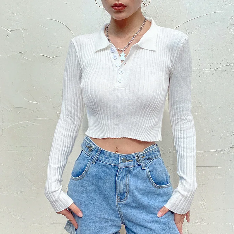

Women's Solid Color Lapel Long-sleeved Short Knit Sweater Slim-fit Button-decorated Top Female Sexy T-shirt With Navel Strips
