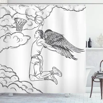 

Sports Decor Collection Winged Basketball Professional Player Jumping High Up to the Basket Image Polyester Fabric Bathroom