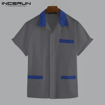 

2020 Fashion Men Shirt Short Sleeve Breathable Lapel Casual Blouse Summer Streetwear Pockets Mens Work Uniform Plus Size INCERUN