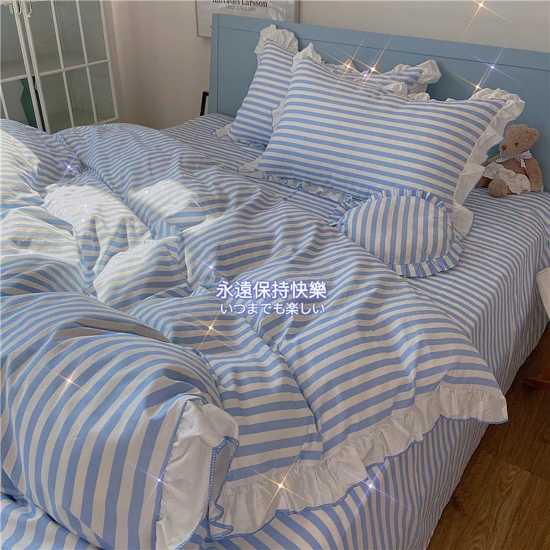 

Striped 100% Cotton Bedding Set Double Bed Plaid Sheets Gentle and Cute Girl Room Decoration Quilt Cover 3/4pcs
